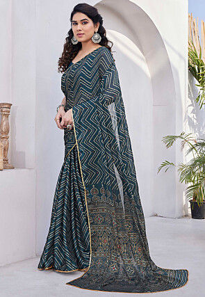 Printed Chiffon Saree in Dark Teal Blue