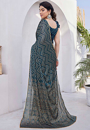 Printed Chiffon Saree in Dark Teal Blue