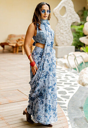 Printed Chiffon Saree in Dusty Blue