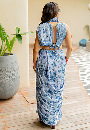 Printed Chiffon Saree in Dusty Blue