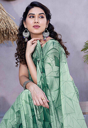 Printed Chiffon Saree in Green