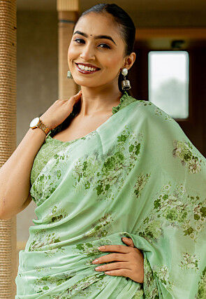 Printed Chiffon Saree in Green
