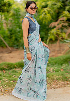Printed Chiffon Saree in Light Blue