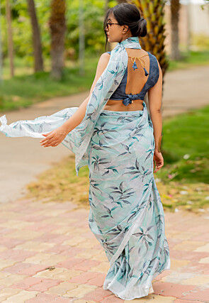 Printed Chiffon Saree in Light Blue