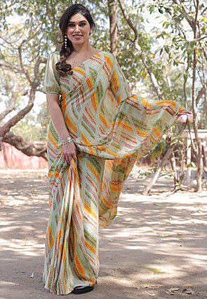 Printed Chiffon Saree in Light Green
