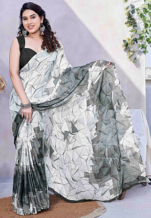 Printed Chiffon Saree in Off White and Grey