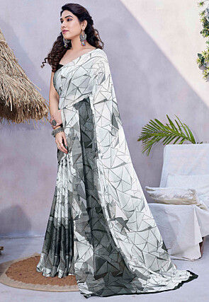 Printed Chiffon Saree in Off White and Grey