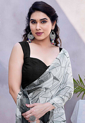 Printed Chiffon Saree in Off White and Grey