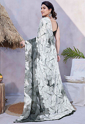Printed Chiffon Saree in Off White and Grey