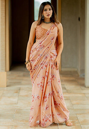 Printed Chiffon Saree in Orange
