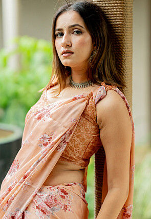 Printed Chiffon Saree in Orange