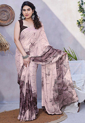 Printed Chiffon Saree in Peach and Wine