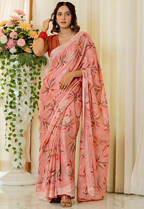 Printed Chiffon Saree in Peach