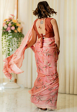 Printed Chiffon Saree in Peach