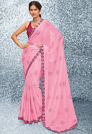 Printed Chiffon Saree in Pink