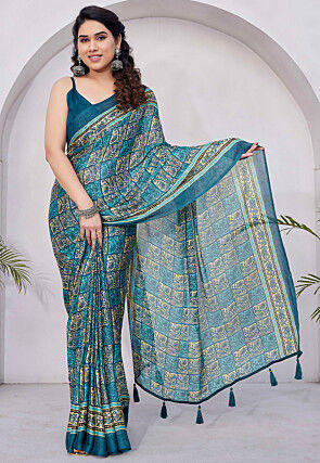 Printed Chiffon Saree in Teal Blue