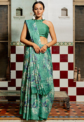 Printed Chiffon Saree in Teal Green