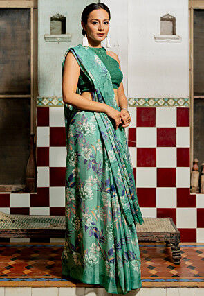 Printed Chiffon Saree in Teal Green
