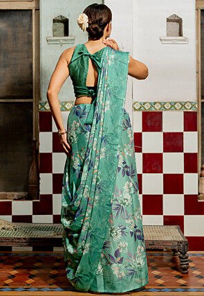 Printed Chiffon Saree in Teal Green
