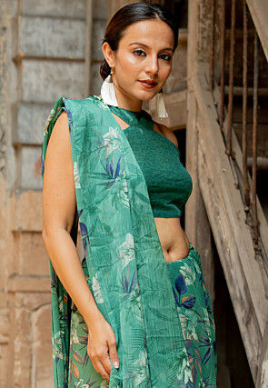 Printed Chiffon Saree in Teal Green