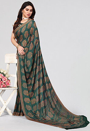 Printed Chiffon Saree in Teal Green