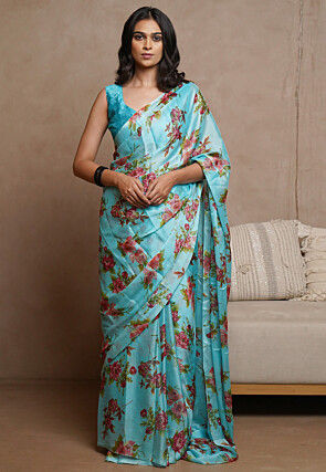 Printed Chiffon Saree in Turquoise
