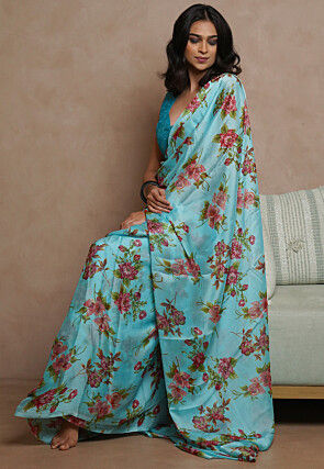 Printed Chiffon Saree in Turquoise