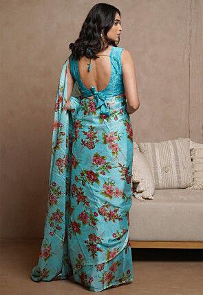 Printed Chiffon Saree in Turquoise