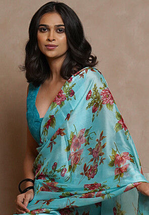 Printed Chiffon Saree in Turquoise