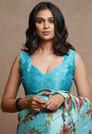 Printed Chiffon Saree in Turquoise