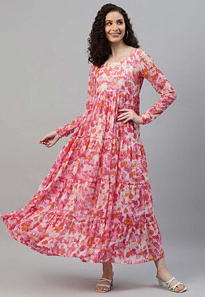 Printed Chiffon Tiered Dress in Pink and Multicolor