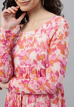 Printed Chiffon Tiered Dress in Pink and Multicolor