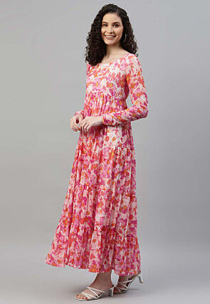 Printed Chiffon Tiered Dress in Pink and Multicolor