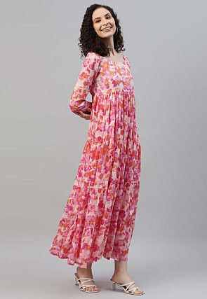 Printed Chiffon Tiered Dress in Pink and Multicolor