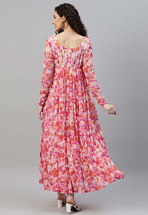 Printed Chiffon Tiered Dress in Pink and Multicolor
