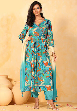 Printed Chinon Chiffon Abaya Style Suit in Blue and Pastel Green