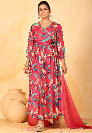 Printed Chinon Chiffon Abaya Style Suit in Pink