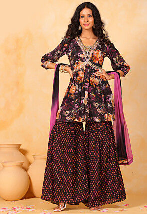 Printed Chinon Chiffon Pakistani Suit in Black