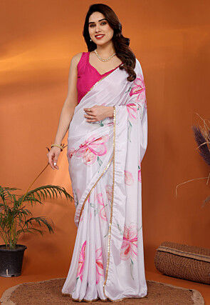 Printed Chinon Chiffon Saree in White