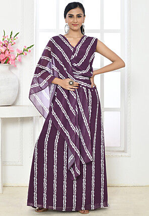 Printed Chinon Crepe Gown in Dark Purple
