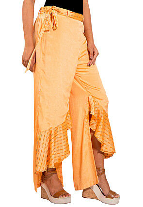 Printed Chinon Crepe High Low Ruffled Palazzo in Peach