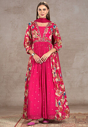 Printed Chinon Silk Abaya Style Suit in Fuchsia