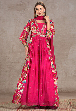 Printed Chinon Silk Abaya Style Suit in Fuchsia