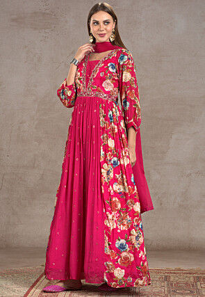 Printed Chinon Silk Abaya Style Suit in Fuchsia