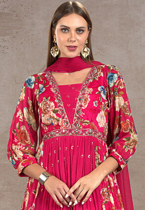 Printed Chinon Silk Abaya Style Suit in Fuchsia