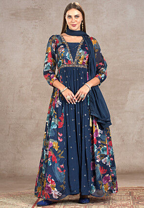 Printed Chinon Silk Abaya Style Suit in Navy Blue