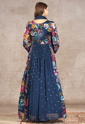 Printed Chinon Silk Abaya Style Suit in Navy Blue