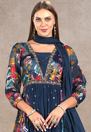 Printed Chinon Silk Abaya Style Suit in Navy Blue