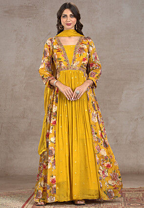 Printed Chinon Silk Abaya Style Suit in Yellow