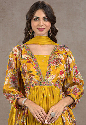 Printed Chinon Silk Abaya Style Suit in Yellow